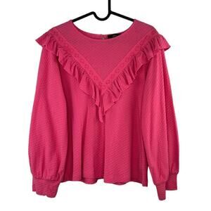J. Crew Pink Ruffle Trim Honeycomb Knit Cotton Modal Blouse Size Small Corpcore